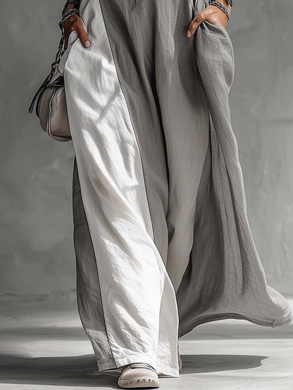 Robe longue sans manches en coton et lin gris à blocs de couleur