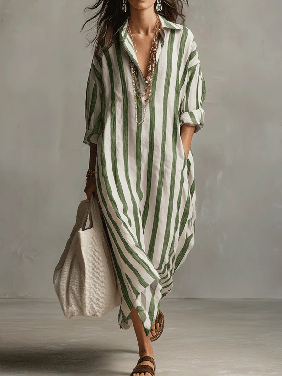 Robe rayée en lin‑coton décontractée et confortable