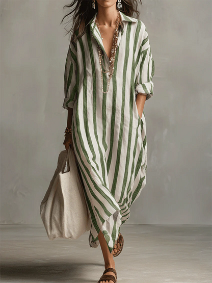 Robe rayée en lin‑coton décontractée et confortable