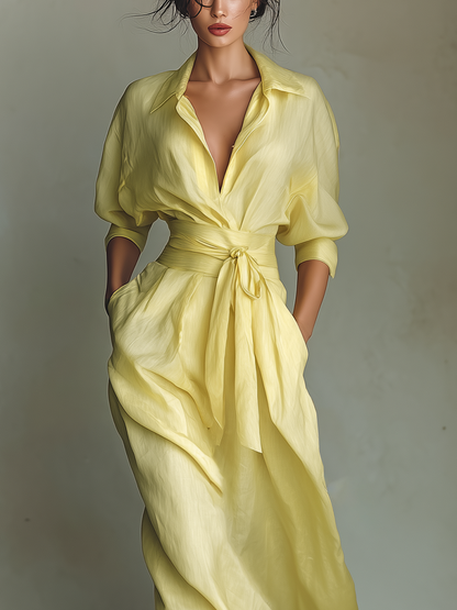 Robe‑chemise longue femme en mélange coton‑lin jaune citron, à taille nouée et manches mi‑longues