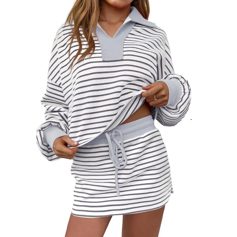 Women's Striped Two-Piece Casual Sweatshirt and Skirt Set