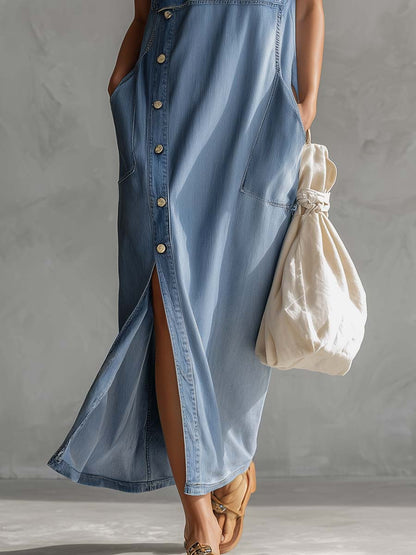 Robe midi en jean bleu vintage décontractée et raffinée, à capuche, col V, fermeture à glissière, fentes latérales et boutons