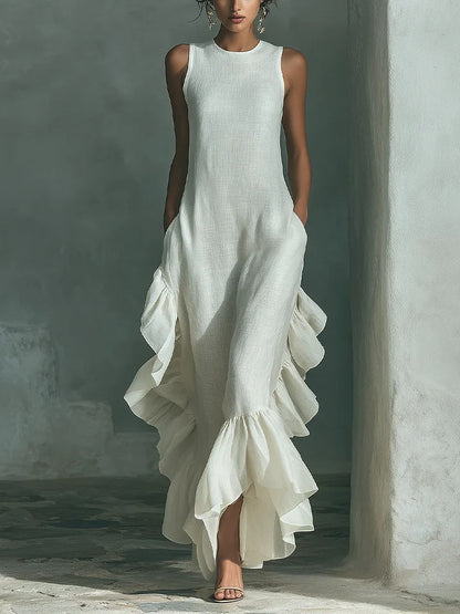 Robe longue maxi en lin sans manches à volants