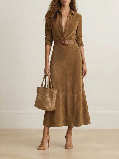 Robe‑chemise longue à manches longues, à col revers et à assemblage fendu