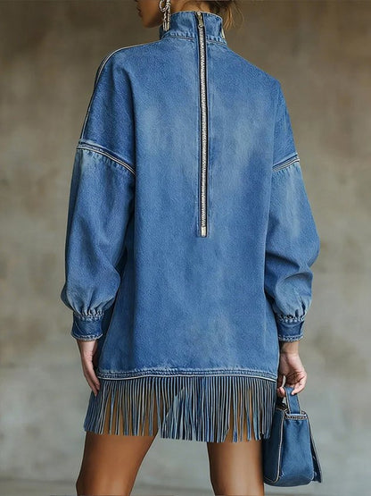 Robe mini en jean bleu décontracté pour femme, col roulé, coupe trapèze, automne, quotidien