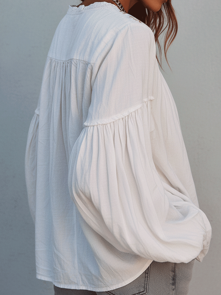 Blouse à manches longues en coton blanc brodé style bohème