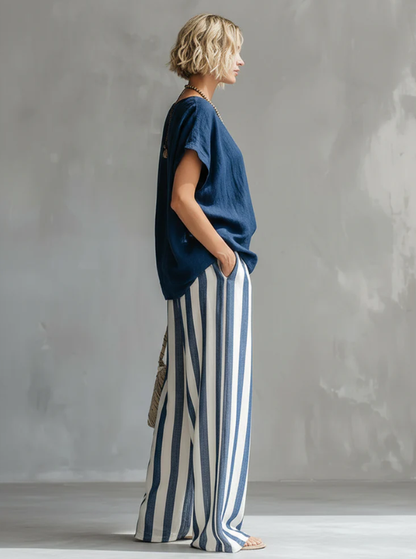 Ensemble deux‑pièces rayé en coton‑lin, confortable et ample