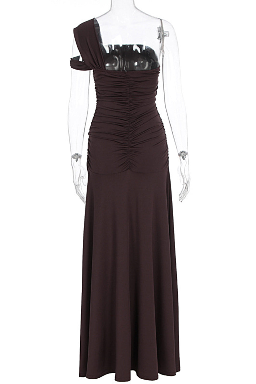 Robe longue de fête unie marron, à une épaule, froncée, fente haute et coupe ajustée