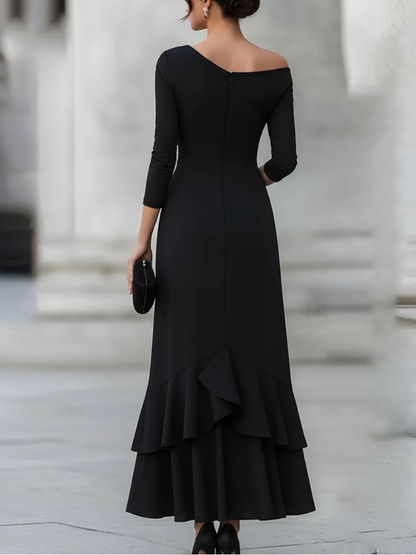 One-Shoulder Ruched Asymmetric Ruffle Hem Midi Dress