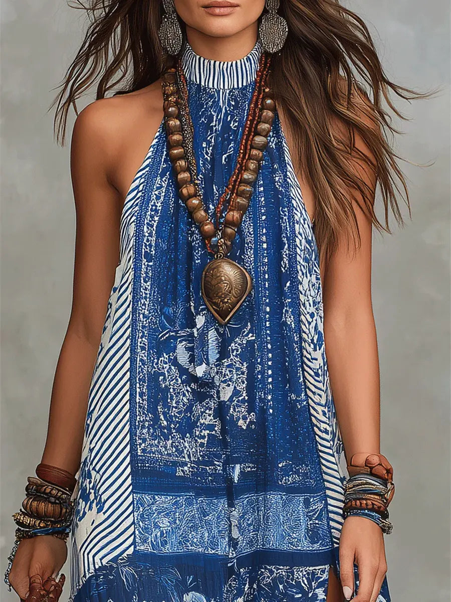 Robe longue maxi décontractée et tendance en coton pour femme, avec imprimé artistique à motifs floraux ethniques rétro