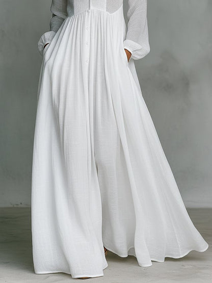 Robe maxi décontractée en coton et lin, taille haute, col montant, pour le quotidien