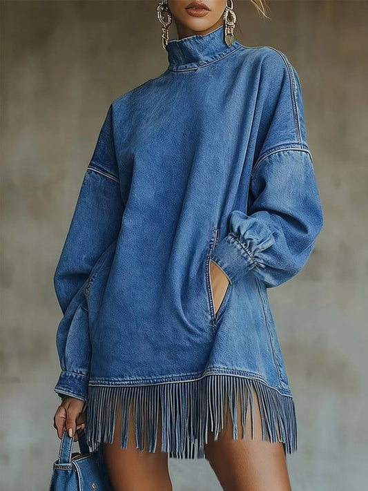 Robe mini en jean bleu décontracté pour femme, col roulé, coupe trapèze, automne, quotidien
