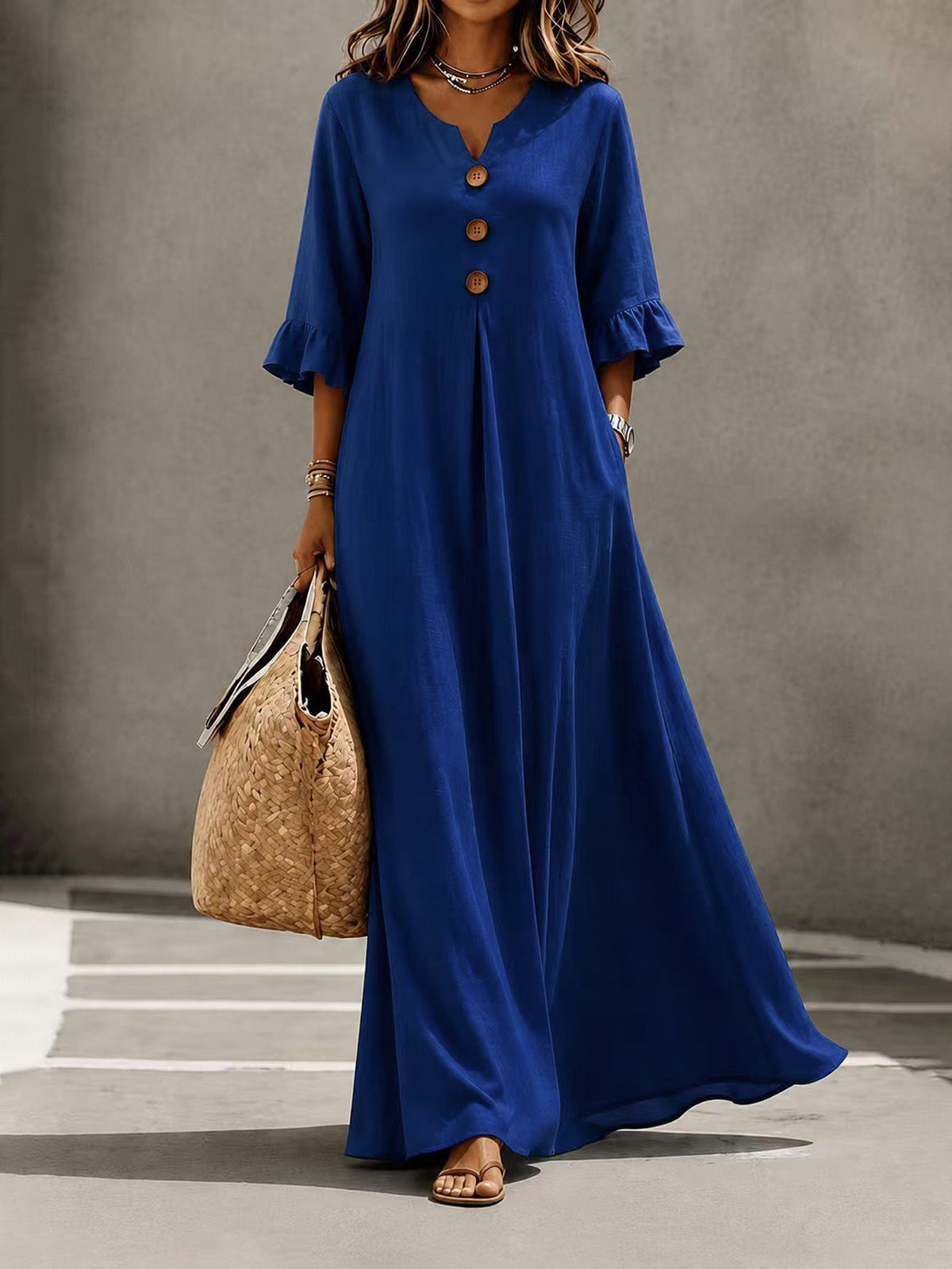 V-Neck Ruffle Sleeve Linen Maxi Dress