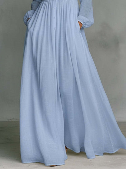 Robe maxi décontractée en coton et lin, taille haute, col montant, pour le quotidien