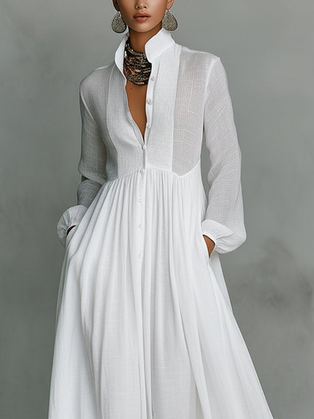 Robe maxi décontractée en coton et lin, taille haute, col montant, pour le quotidien