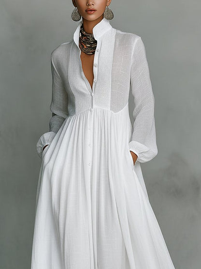 Robe maxi décontractée en coton et lin, taille haute, col montant, pour le quotidien