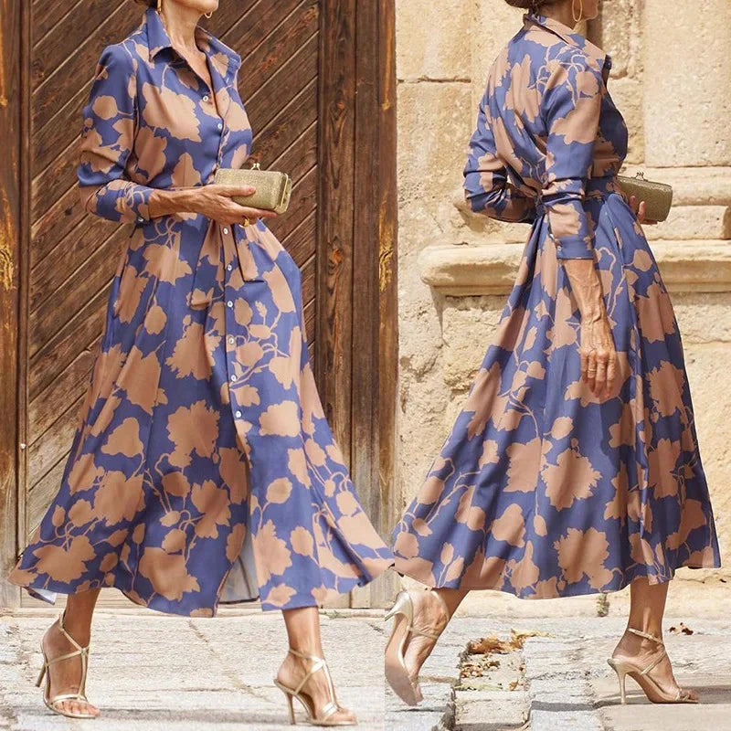 Maxi‑robe chemise femme décontractée, coupe fluide, col chemise, boutons, poches, manches longues, coupe ample, motif floral, pour rendez‑vous et vacances, printemps‑été