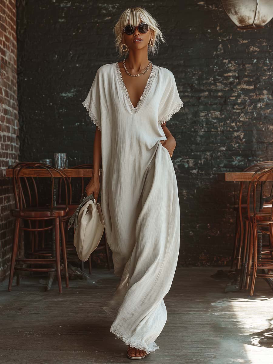 Robe maxi urbaine en coton blanc à col V, manches courtes et bordures en dentelle, style bohème décontracté