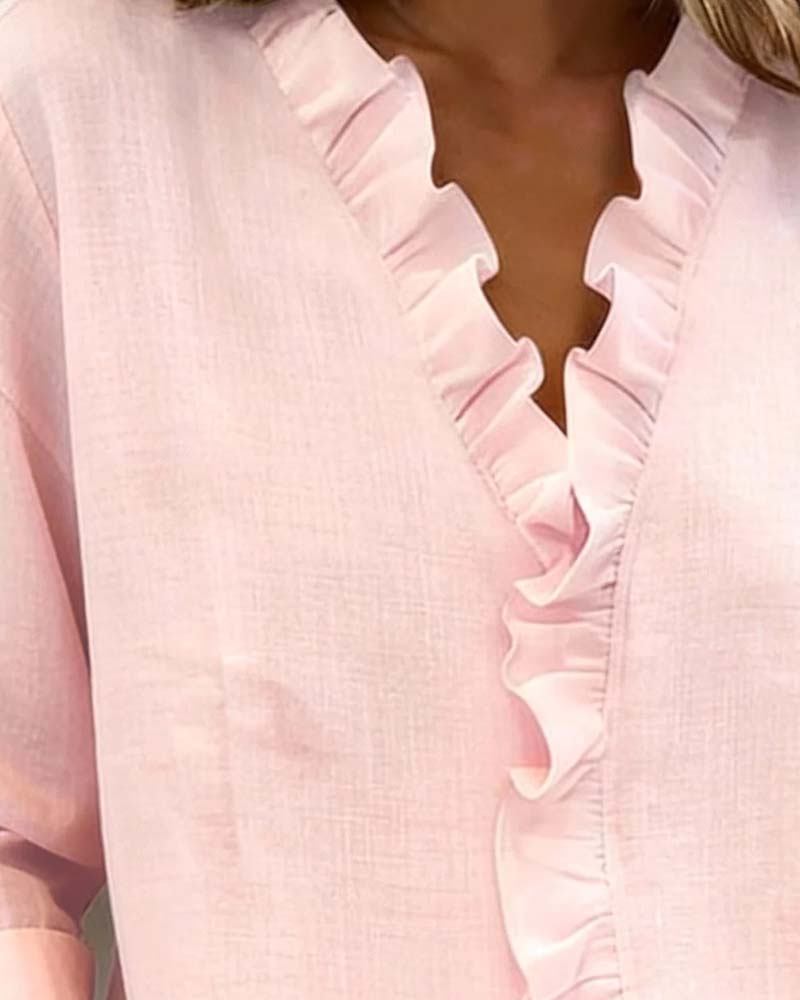 Blouse à manches longues à col V à volants