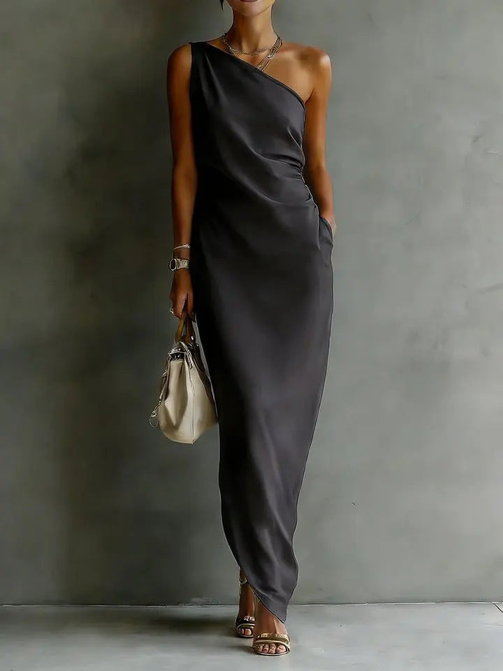 Solid Color Satin Slant Shoulder Drape Slim Long Dress
