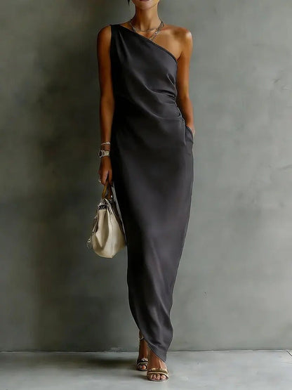 Solid Color Satin Slant Shoulder Drape Slim Long Dress