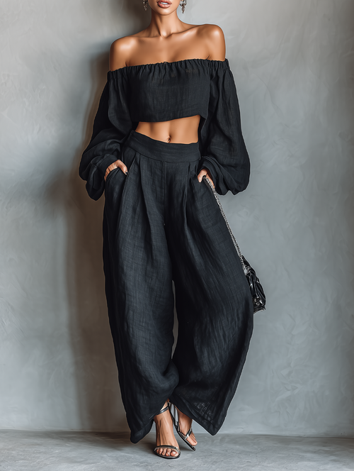 Women's Minimalist Linen Blend Strapless Long-sleeved Blouse And Wide-leg Pants Set