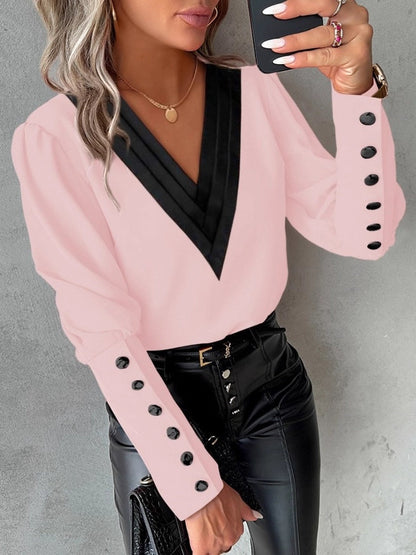 Chemise d'automne à col V unie à manches longues avec boutons