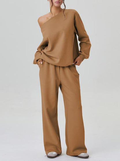 Ensemble haut à manches longues épaules découvertes et pantalon à jambes larges pour femme