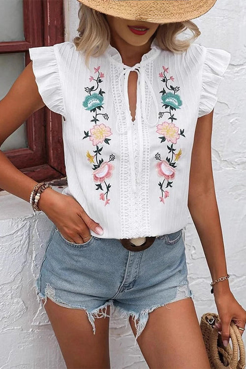 Tops décontractés à manches volantées avec broderie mode