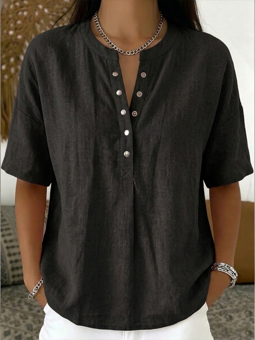 Nouveautés🔥 Chemise décontractée femme à col Henley, manches courtes en lin et coton