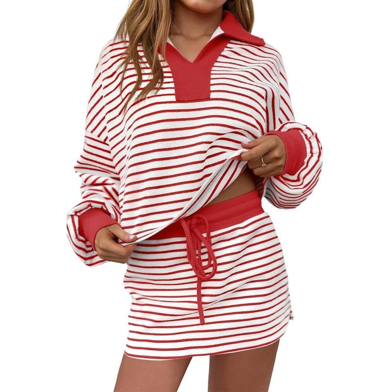 Women's Striped Two-Piece Casual Sweatshirt and Skirt Set