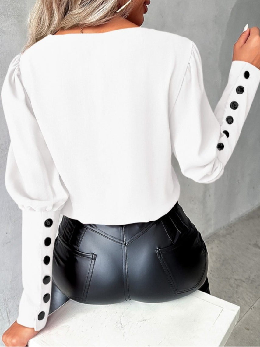 Chemise d'automne à col V unie à manches longues avec boutons