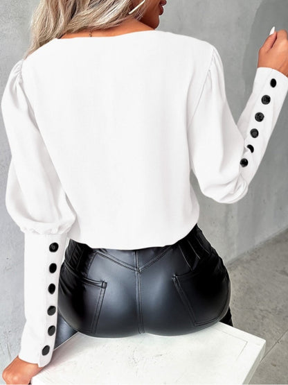 Chemise d'automne à col V unie à manches longues avec boutons