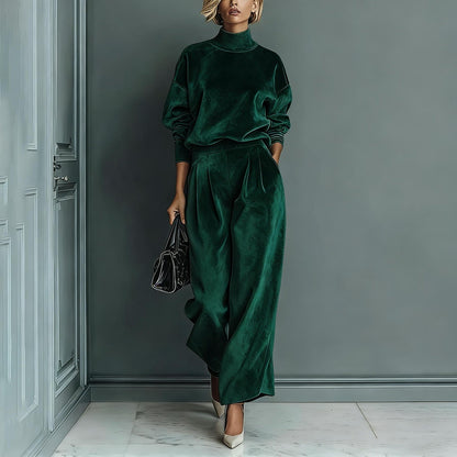 Ensemble haut à manches longues col roulé en velours élégant et pantalon large décontracté avec poches