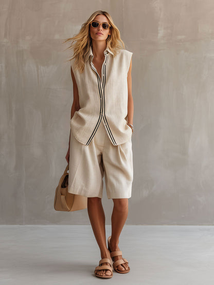 Ensemble décontracté rétro chemise sans manches rayée en coton‑lin couleur abricot et short