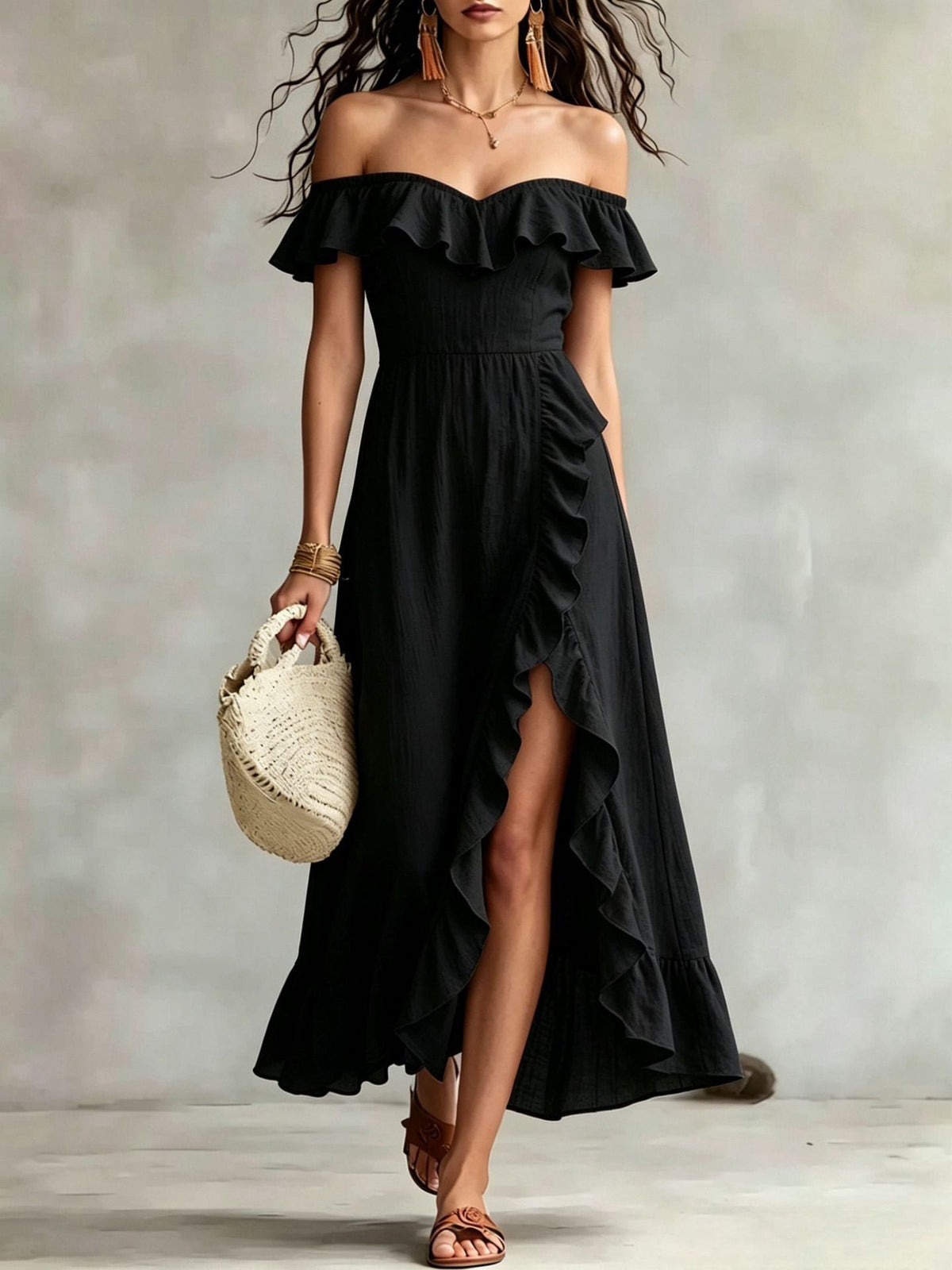 Women's Summer Cotton Off Shoulder Ruffled Ruched Flowy Maxi Dress