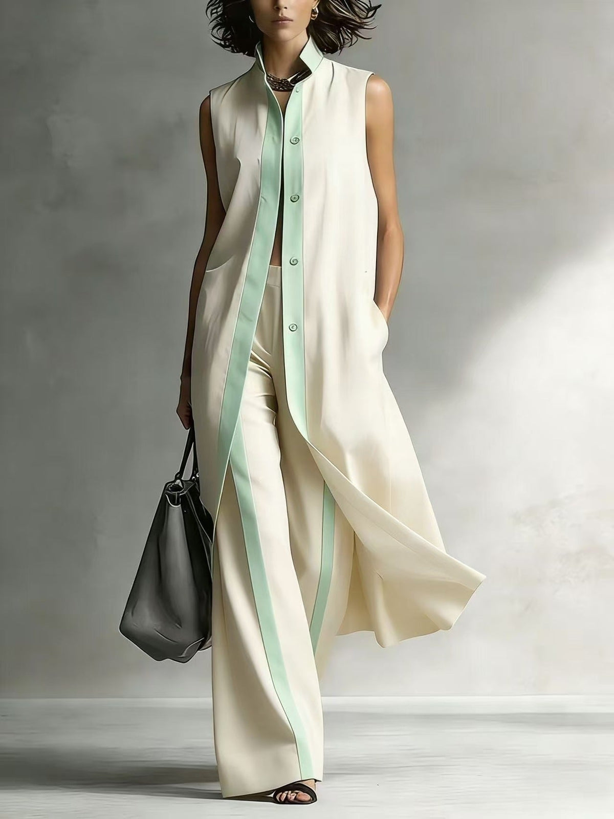 Contrast Sleeveless Tunic & Wide-Leg Pants Set Modern Sophistication, Effortless Tailored Style