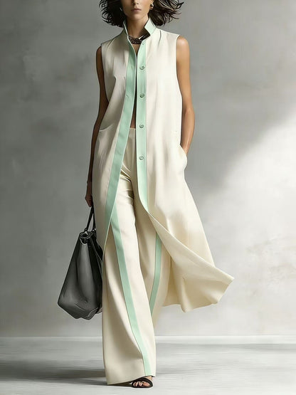 Contrast Sleeveless Tunic & Wide-Leg Pants Set Modern Sophistication, Effortless Tailored Style