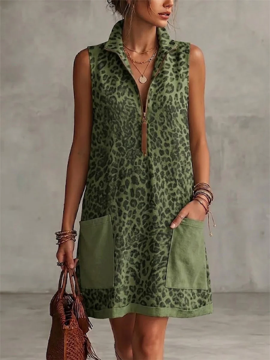Leopard Print Sleeveless Cropped Dress Featuring A Half-zip Collar And Contrasting Patch Pockets.