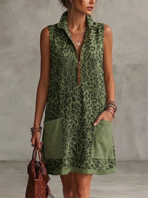 Leopard Print Sleeveless Cropped Dress Featuring A Half-zip Collar And Contrasting Patch Pockets.