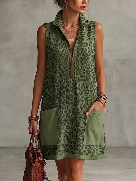 Leopard Print Sleeveless Cropped Dress Featuring A Half-zip Collar And Contrasting Patch Pockets.