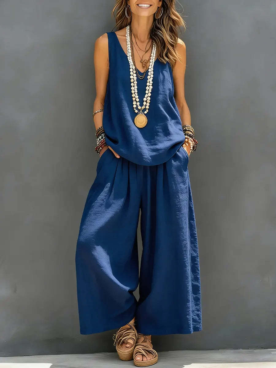 Ensemble top sans manches à col V en lin et pantalon à jambes larges