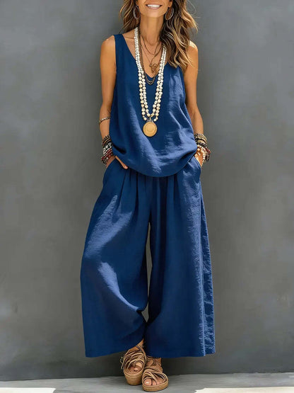 Ensemble top sans manches à col V en lin et pantalon à jambes larges
