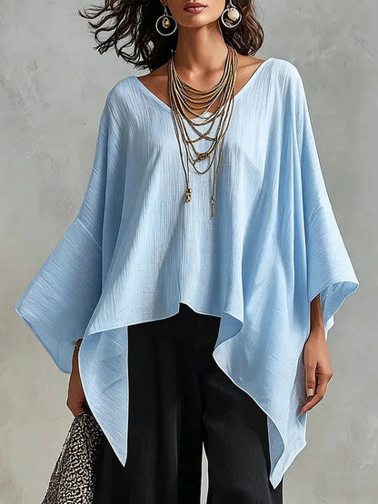 Women's V-neck 3/4-sleeve Casual Loose Cotton-linen Top