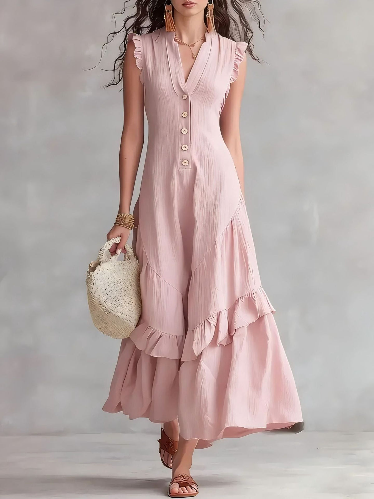Robe longue sans manches à volants à col V