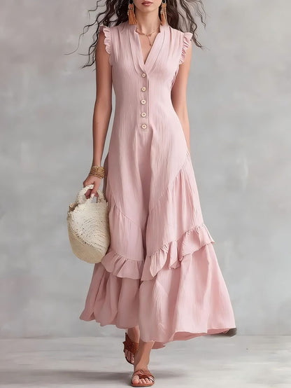Robe longue sans manches à volants à col V