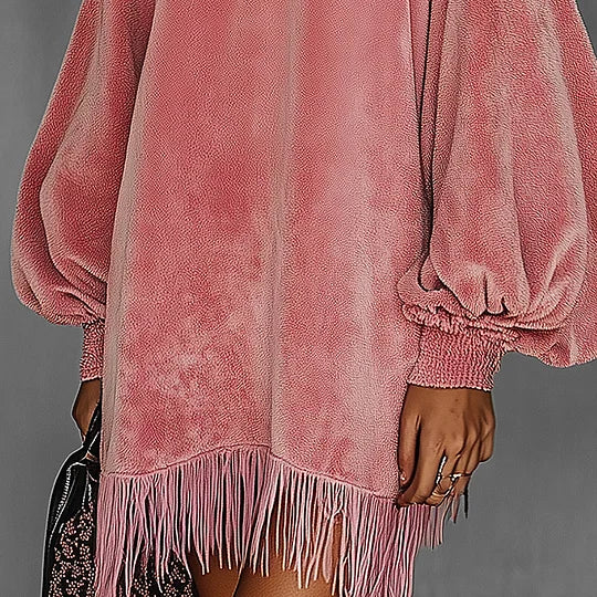 Robe femme rose rétro en velours, col montant, avec franges
