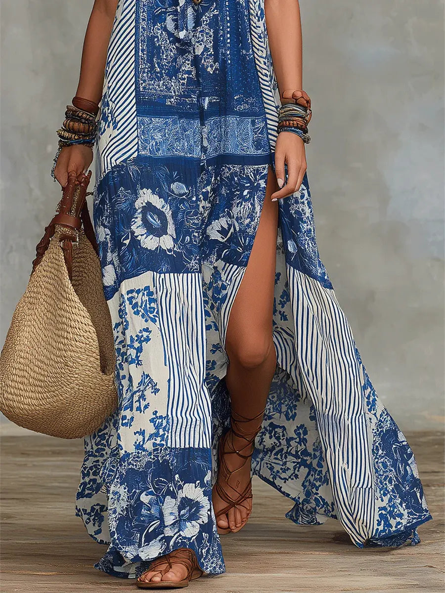 Robe longue maxi décontractée et tendance en coton pour femme, avec imprimé artistique à motifs floraux ethniques rétro