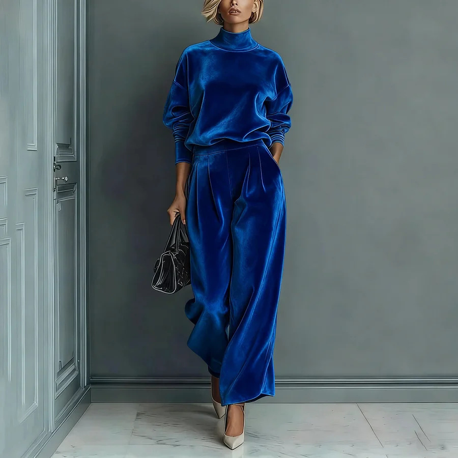 Ensemble haut à manches longues col roulé en velours élégant et pantalon large décontracté avec poches