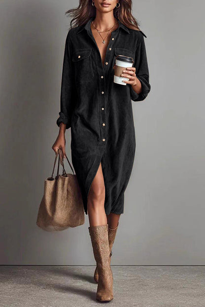 Robe midi chemise décontractée uni, boutonnage simple, avec poches